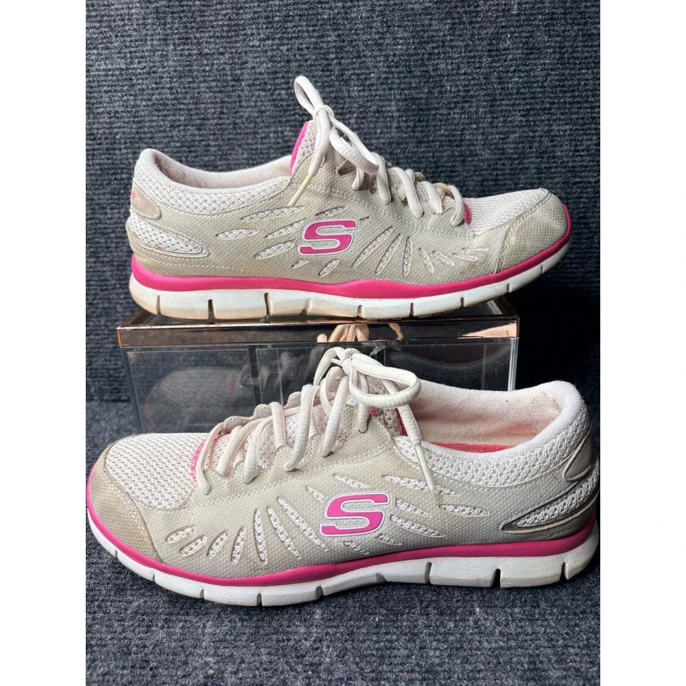 Skechers Flex Women 8.5 Light Grey Hot Pink Athletic Sneakers 22118 LGPK